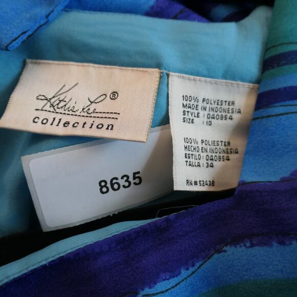 Kathie Lee Sheath Dress Womens Size 12 Blue Watercolor Lined Shoulder Pads - Picture 12 of 12